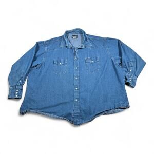 Wrangler Western Shirt Adult 4XL Blue Denim Dark Wash Big Man Pearl Snap 20x35